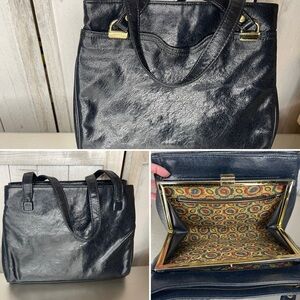 Vintage 1970s Navy Faux Leather Shoulder Hand Bag Fabric Print Interior